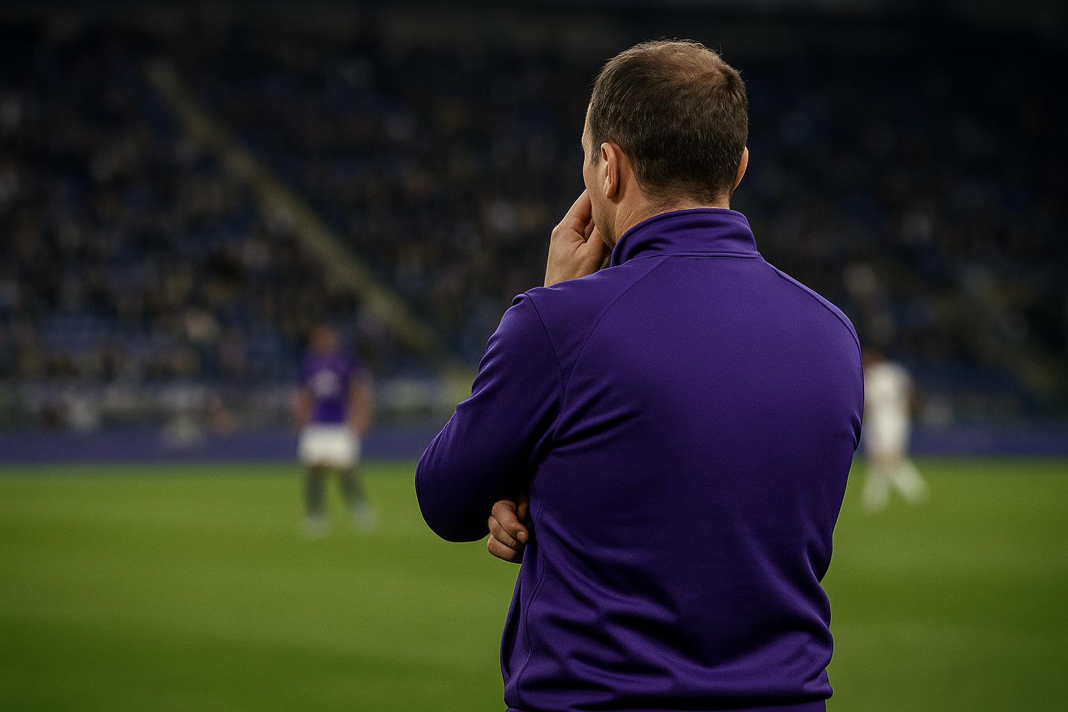 Jรฉrรฉmy Taravel langs de zijlijn in het Lotto Park bij RSC Anderlecht