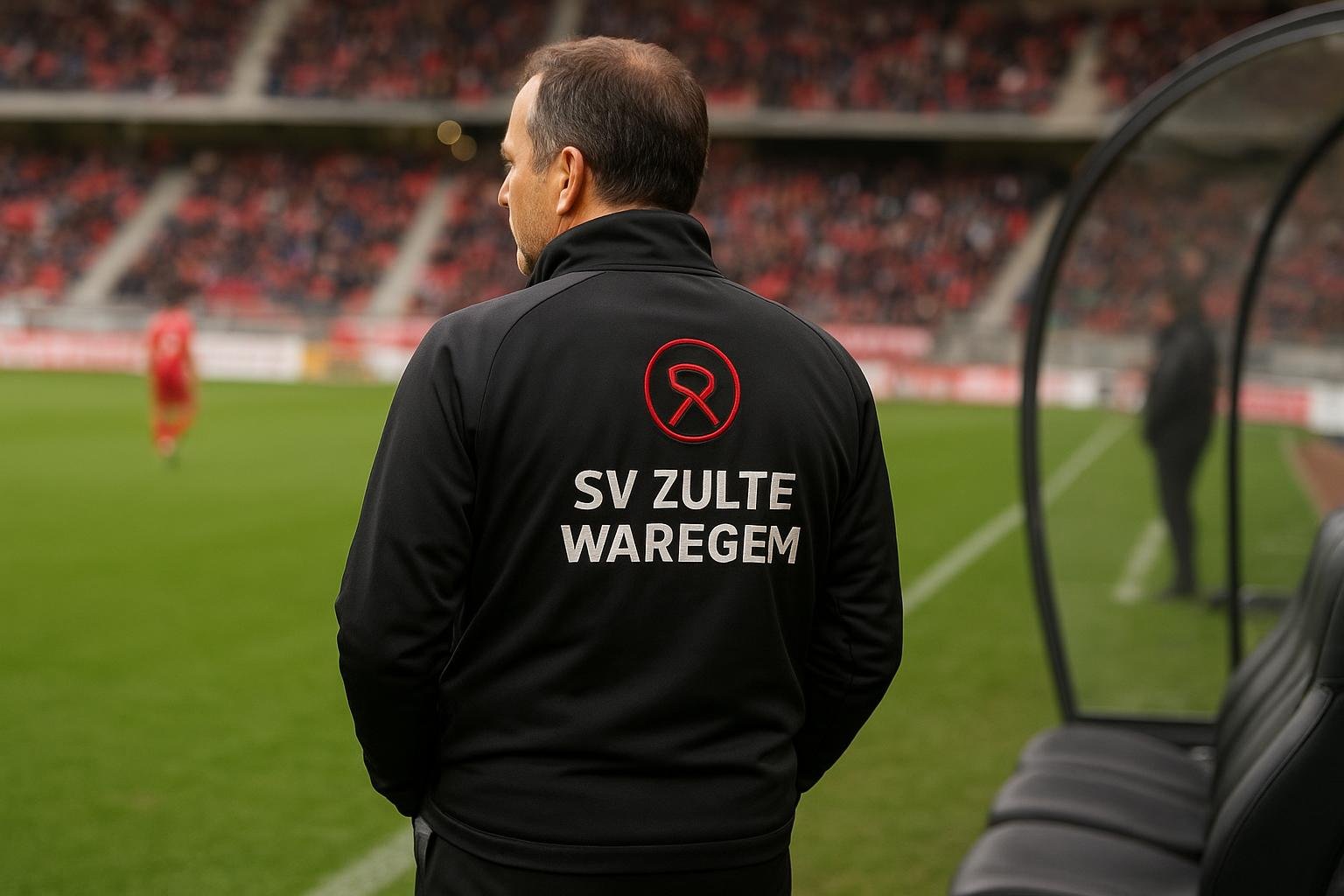 Steve Colpaert langs de zijlijn bij SV Zulte Waregem in een stadionomgeving