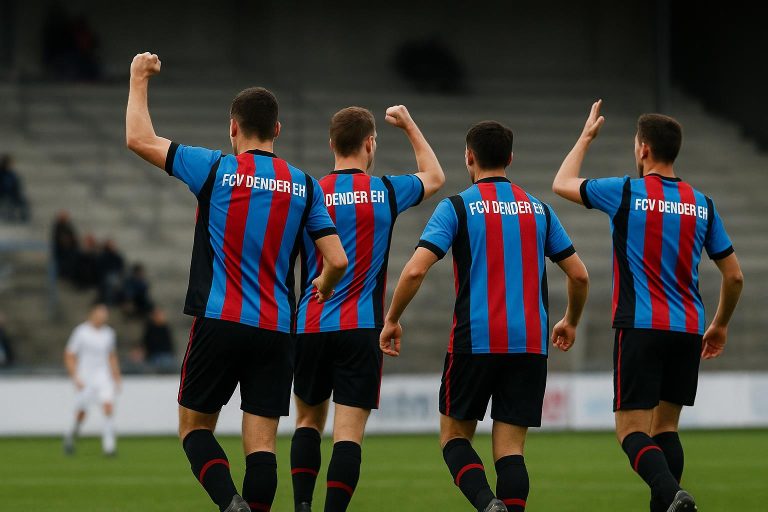 Spelers van FCV Dender EH vieren samen na een overwinning