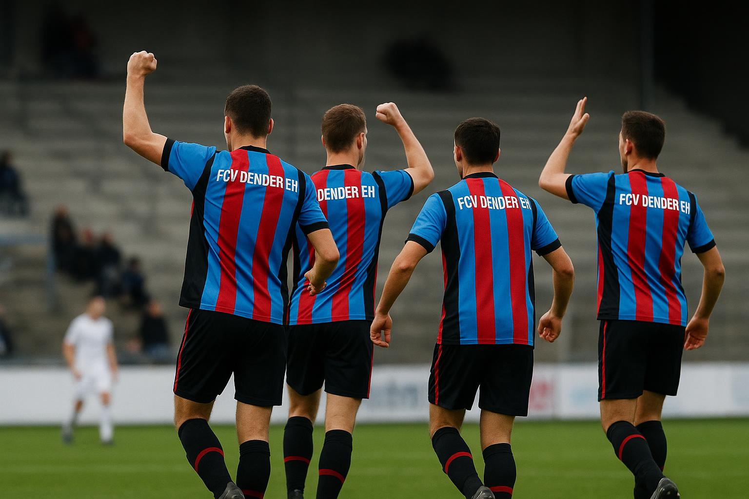 Spelers van FCV Dender EH vieren samen na een overwinning
