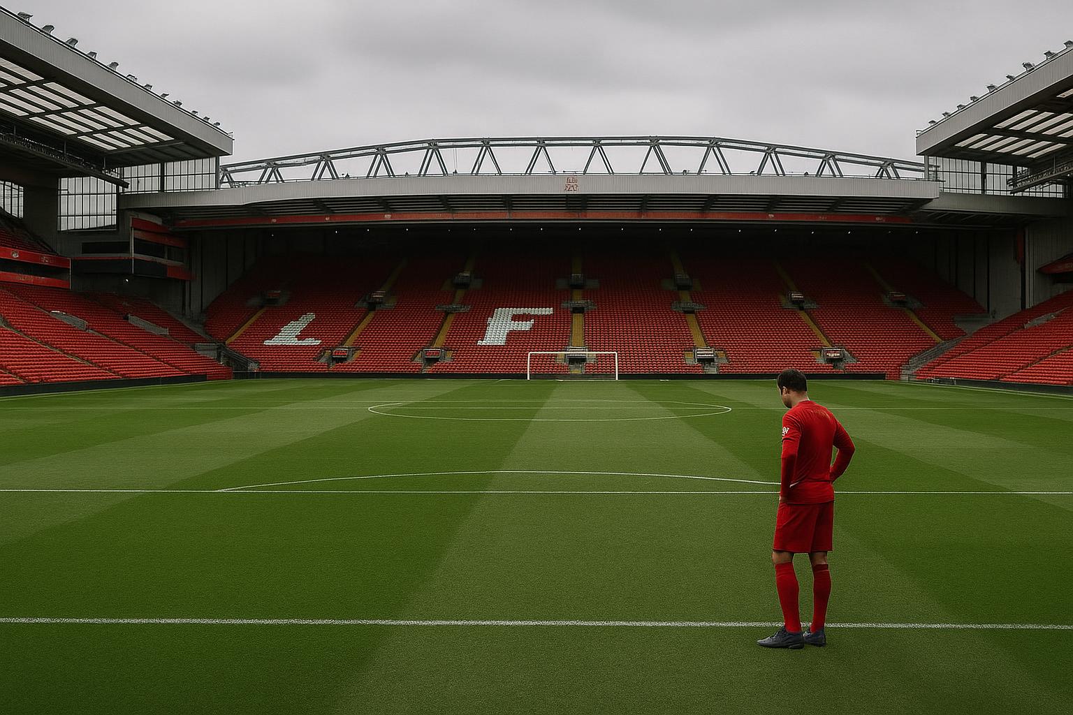 Sfeershot van Anfield in Liverpool in de context van het aangekondigde vertrek van Mohamed Salah.