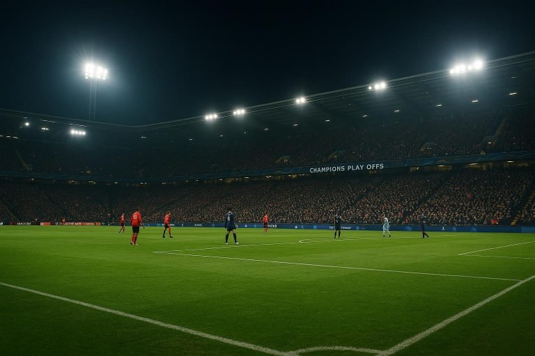 Sfeerbeeld in een Belgisch stadion tijdens de Champions’ Play-Offs, met een volle tribune zonder herkenbare gezichten.