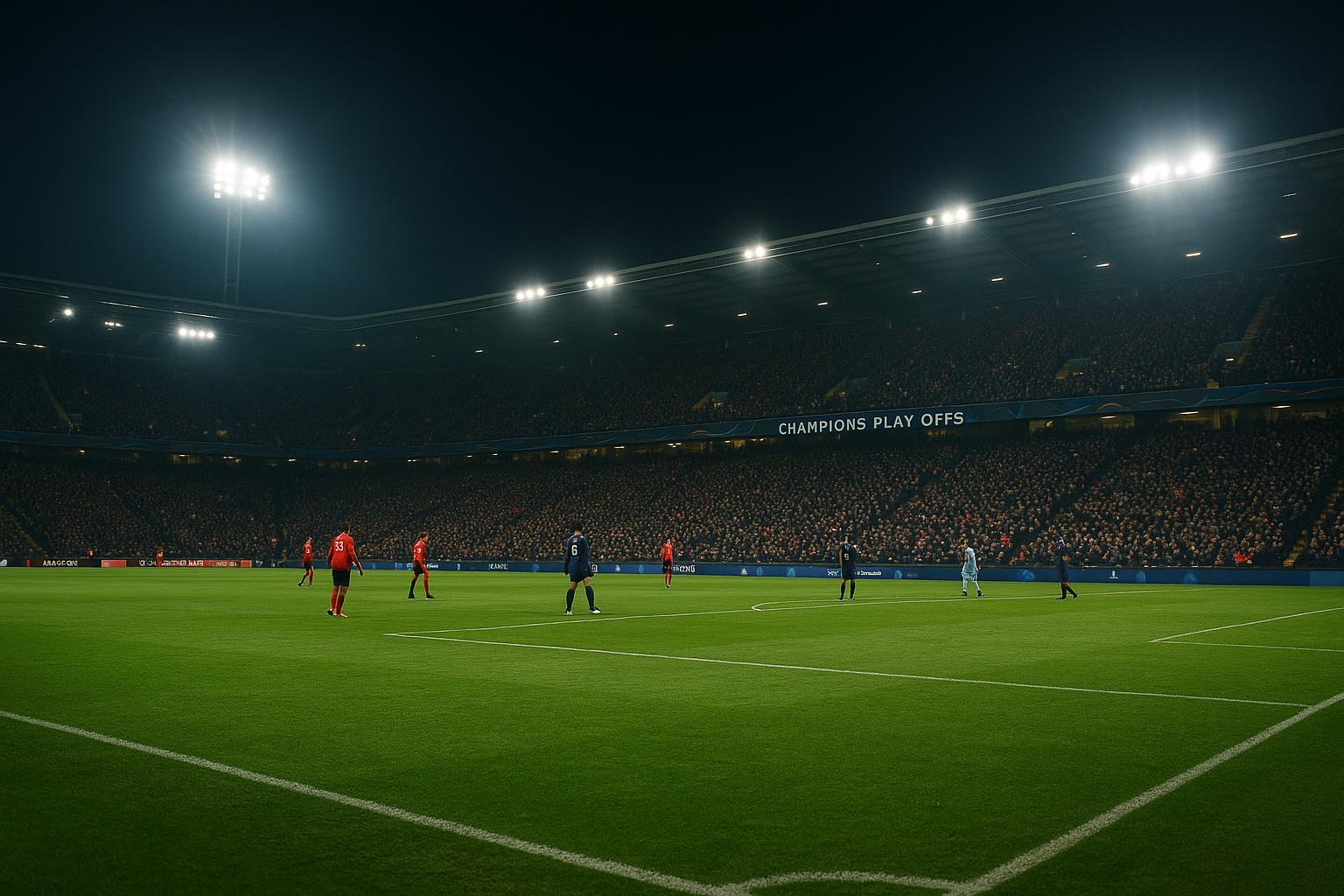 Sfeerbeeld in een Belgisch stadion tijdens de Champions’ Play-Offs, met een volle tribune zonder herkenbare gezichten.