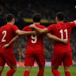 Spelers van Turkije vieren een doelpuntmoment in een stadion, zonder herkenbare gezichten.