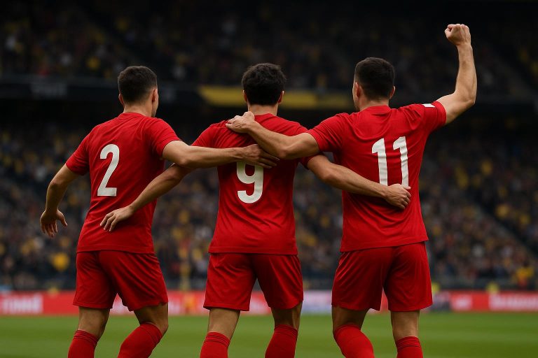 Spelers van Turkije vieren een doelpuntmoment in een stadion, zonder herkenbare gezichten.