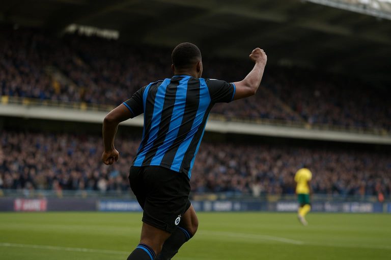 Nicolo Tresoldi viert een doelpunt in het shirt van Club Brugge