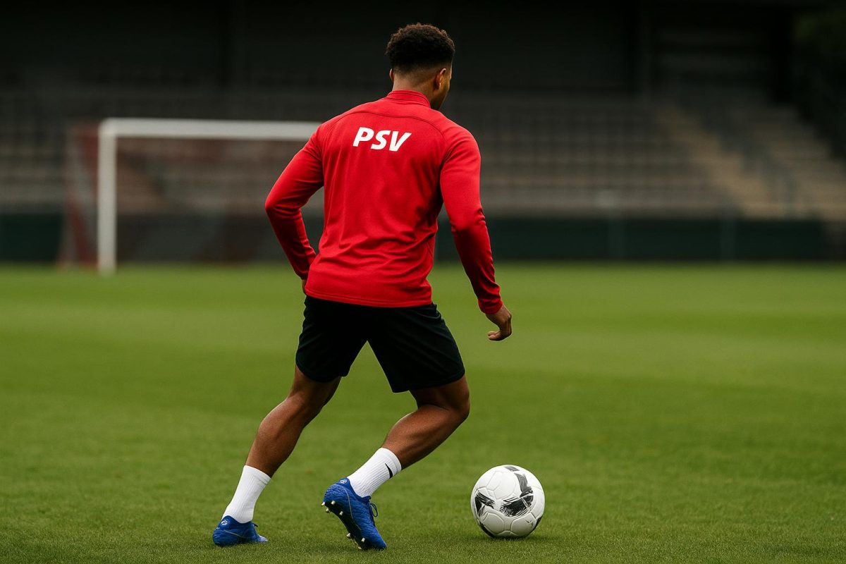 Couhaib Driouech van PSV op het trainingsveld, gezien vanop afstand