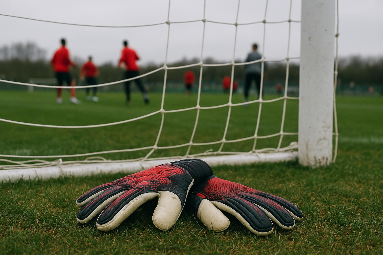 Keepershandschoenen en doelnet tijdens een training van de Rode Duivels op stage.