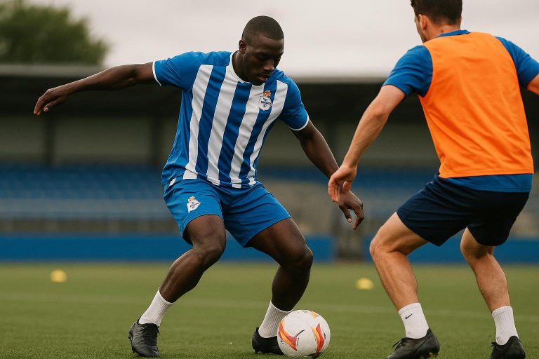 Lucas Noubi op een trainingsveld in clubkledij, gefocust tijdens een oefensessie