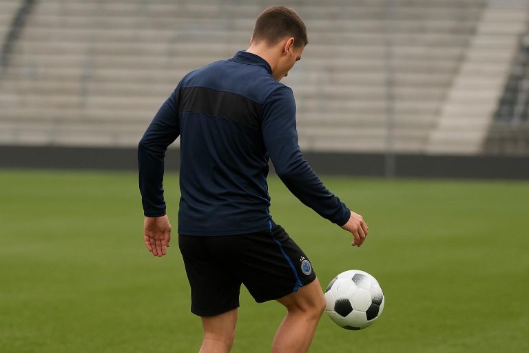 Trainingmoment bij Club Brugge met een spits op de voorgrond, zonder herkenbare gezichten.