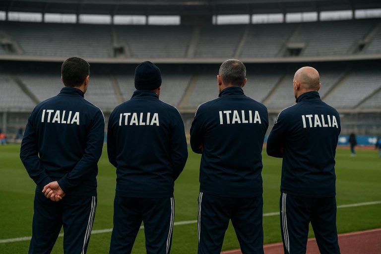 Spelers van Italië reageren op de bank tijdens een WK-barrageduel