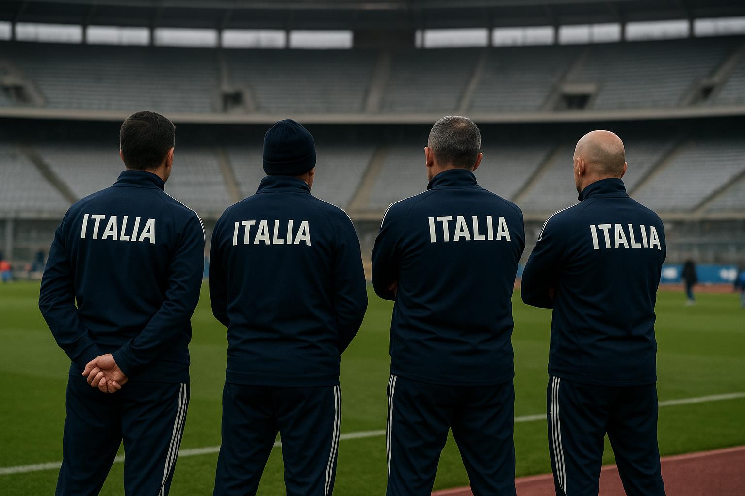 Spelers van Italië reageren op de bank tijdens een WK-barrageduel