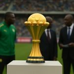 De Afrika Cup-trofee tijdens een trofeeënparade van Senegal voor supporters