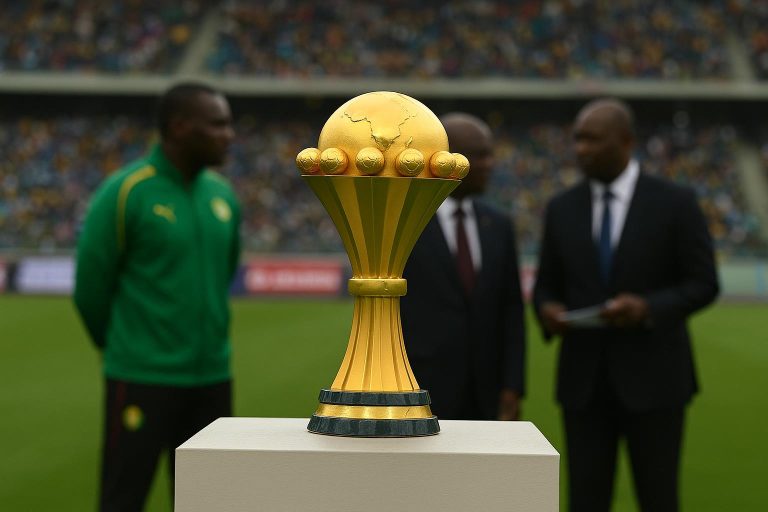De Afrika Cup-trofee tijdens een trofeeënparade van Senegal voor supporters