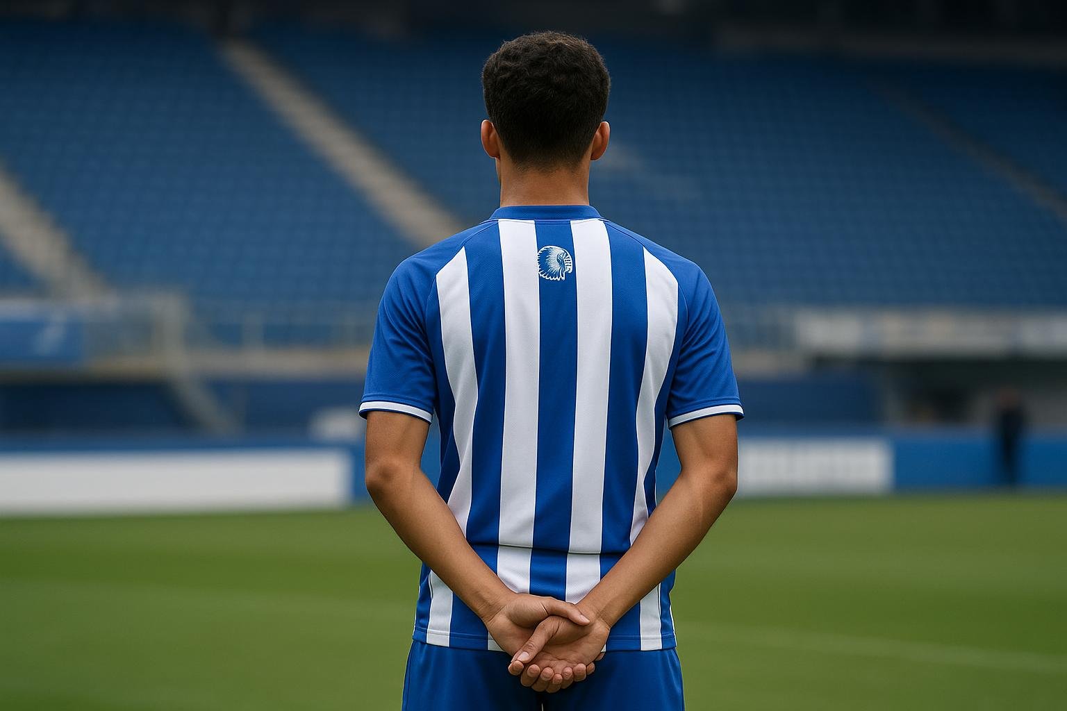 Beeld uit de Planet Group arena bij KAA Gent tijdens de aankondiging van het profcontract van Joachim Djamba Shango.
