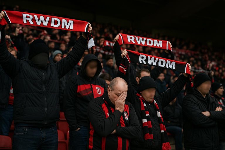 Supporters van RWDM in het stadion tijdens een wedstrijd in de Challenger Pro League