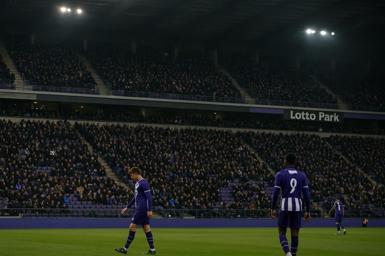 Sfeerbeeld in het Lotto Park bij RSC Anderlecht tijdens een wedstrijd, met focus op het veld en de tribunes.