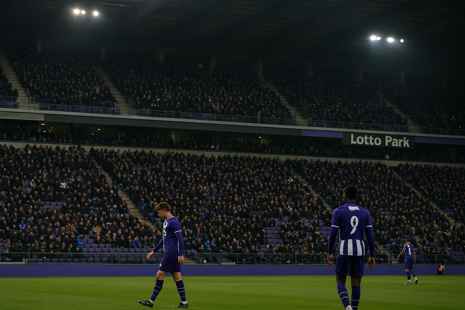 Sfeerbeeld in het Lotto Park bij RSC Anderlecht tijdens een wedstrijd, met focus op het veld en de tribunes.