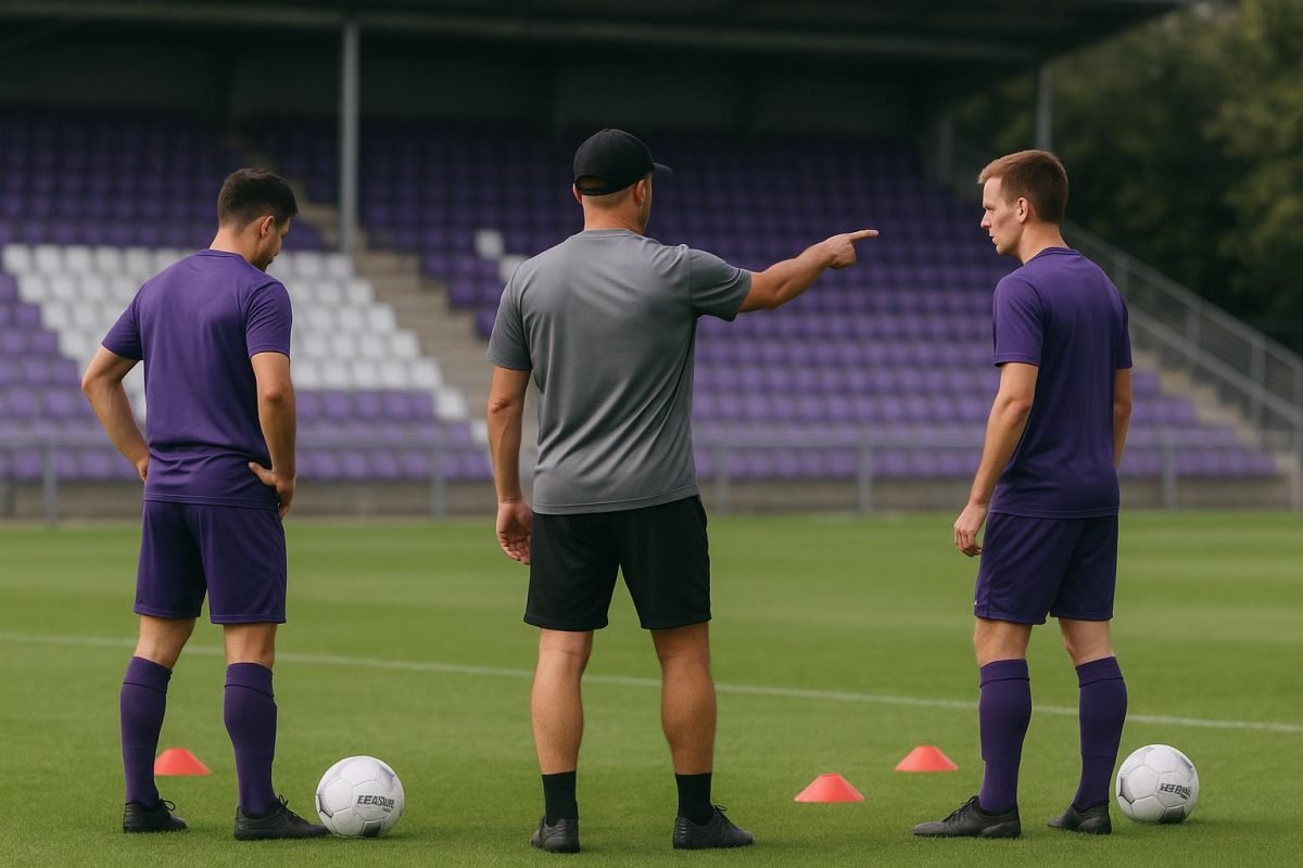 Luc Nilis tijdens een trainingsmoment als spitsentrainer bij Patro Eisden