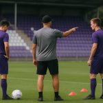 Luc Nilis tijdens een trainingsmoment als spitsentrainer bij Patro Eisden
