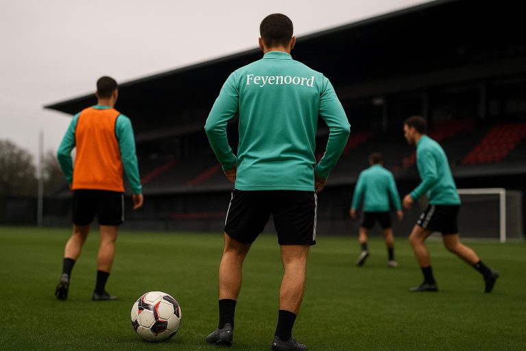 Raheem Sterling in trainingskledij bij Feyenoord op een trainingsveld in Nederland