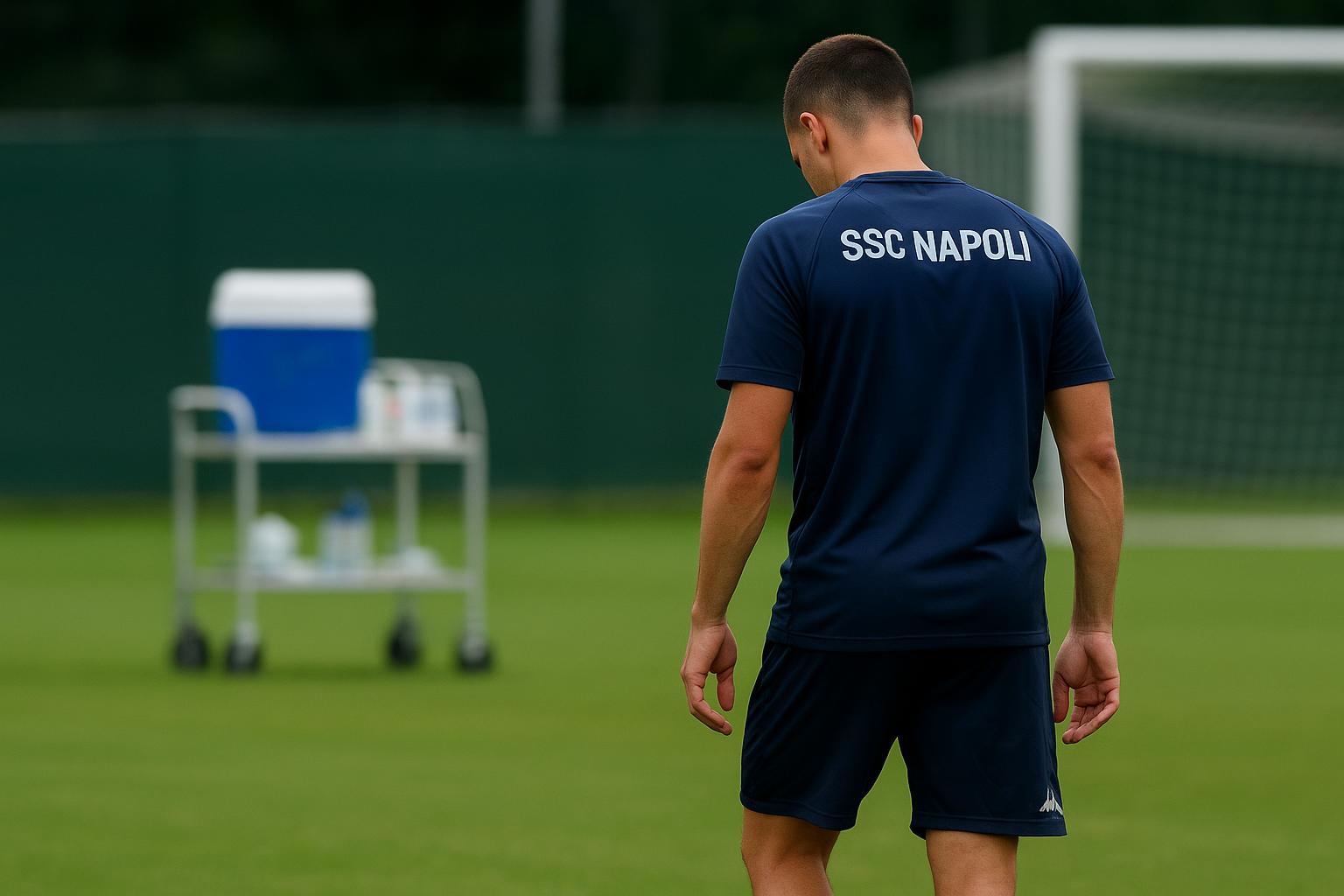 Romelu Lukaku in een trainingscontext bij SSC Napoli, met focus op de gespannen situatie rond zijn revalidatie.