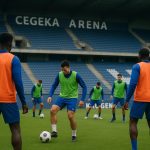 Spelers van KRC Genk op het trainingsveld in de Cegeka Arena