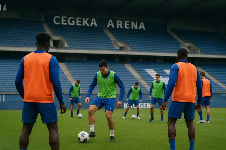Spelers van KRC Genk op het trainingsveld in de Cegeka Arena