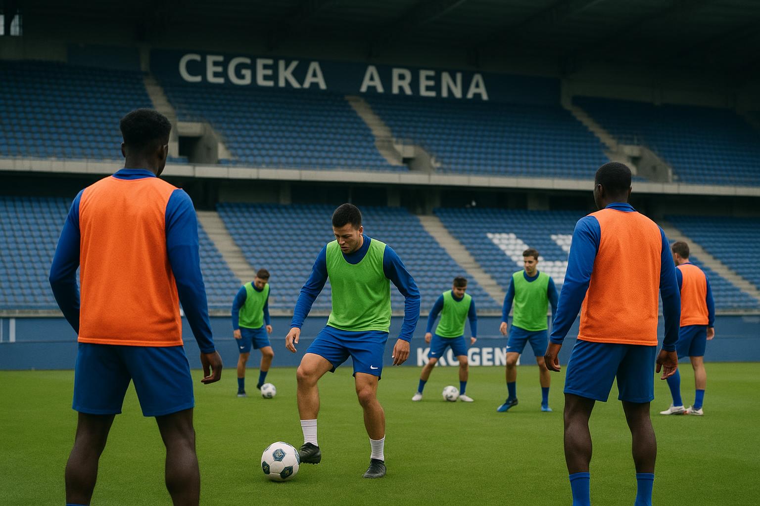 Spelers van KRC Genk op het trainingsveld in de Cegeka Arena