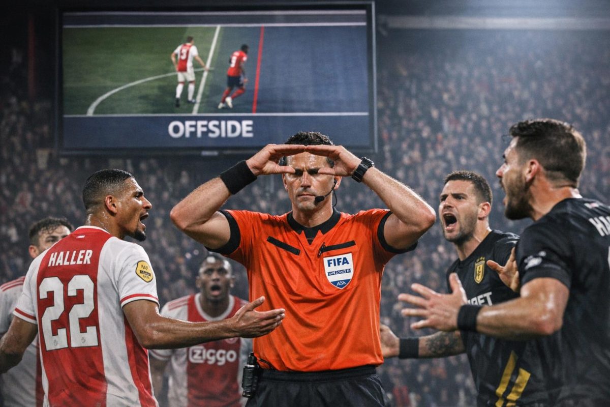 Scheidsrechter maakt VAR-teken na afgekeurd doelpunt voor buitenspel
