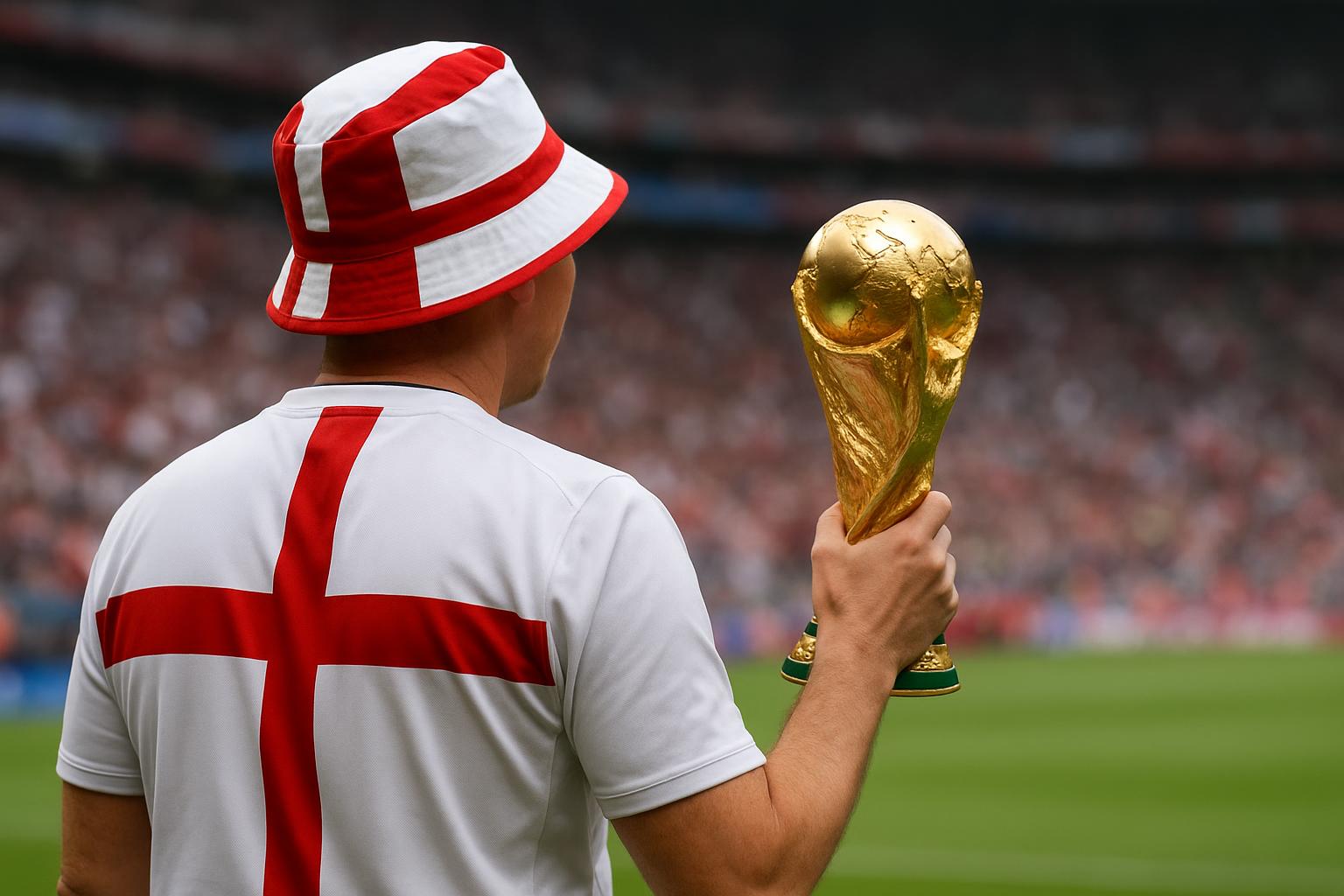Een replica van de wereldbeker als symbool voor een Engelse WK-supporter
