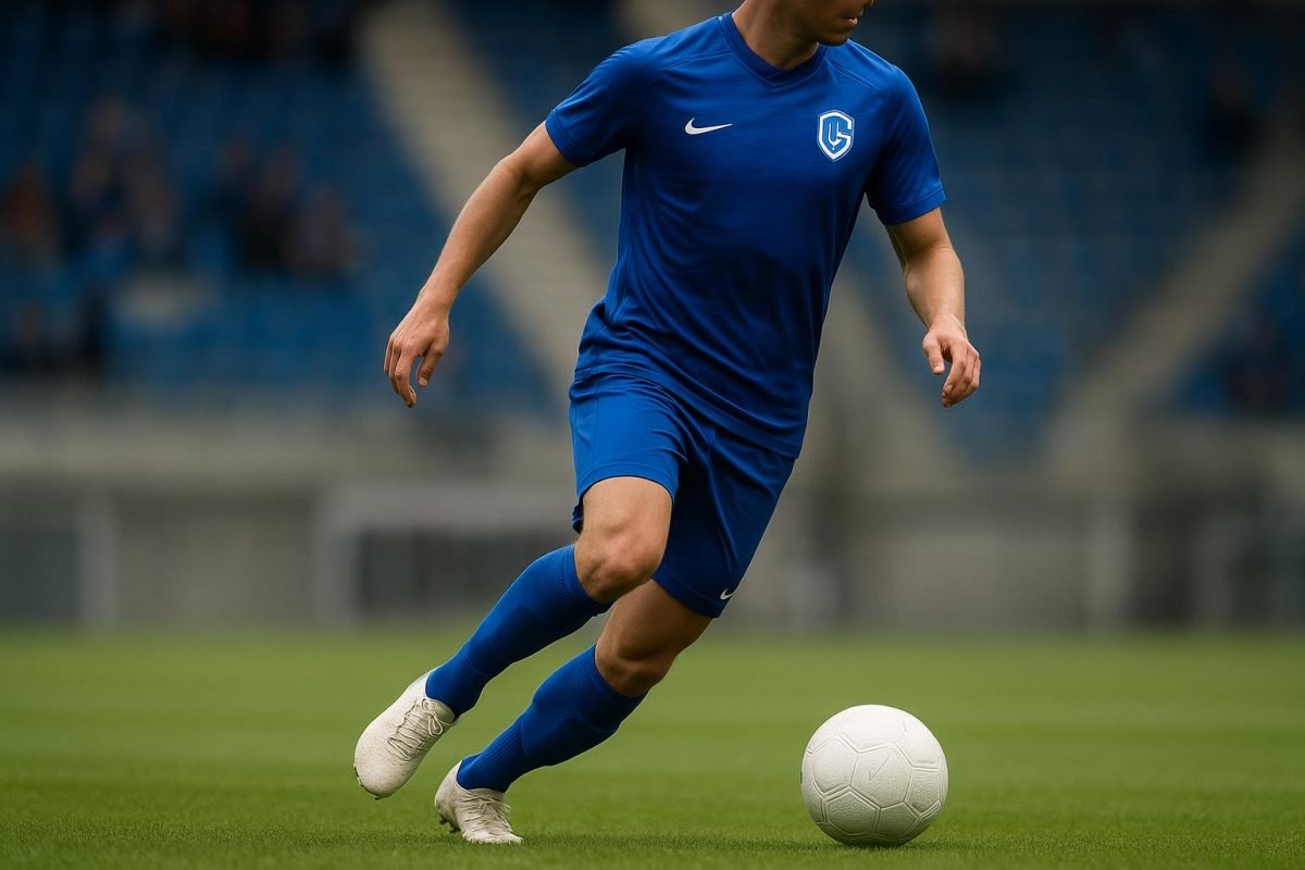Kos Karetsas viert een moment in het shirt van KRC Genk