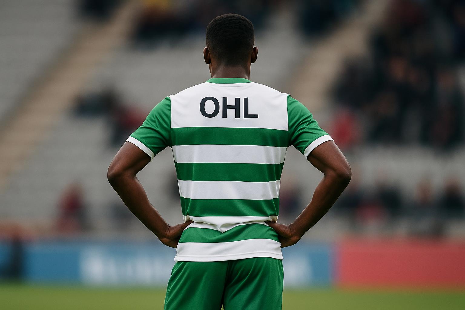 Wedstrijdbeeld van OH Leuven in de Jupiler Pro League, met focus op een verdediger in een duel