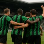 Spelers van Cercle Brugge vieren samen in groen-zwart in het stadion.