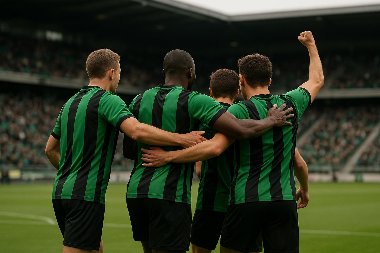Spelers van Cercle Brugge vieren samen in groen-zwart in het stadion.