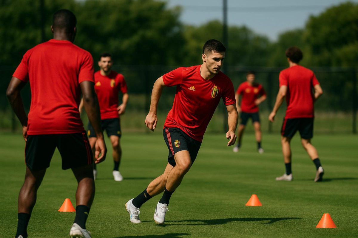 Training van de Rode Duivels op een veld in de Verenigde Staten, met spelers vanop afstand in beeld