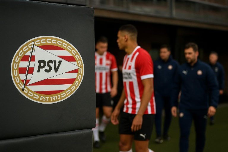 Spelers van PSV vieren een doelpunt in het stadion, met focus op sfeer en beweging zonder herkenbare gezichten.