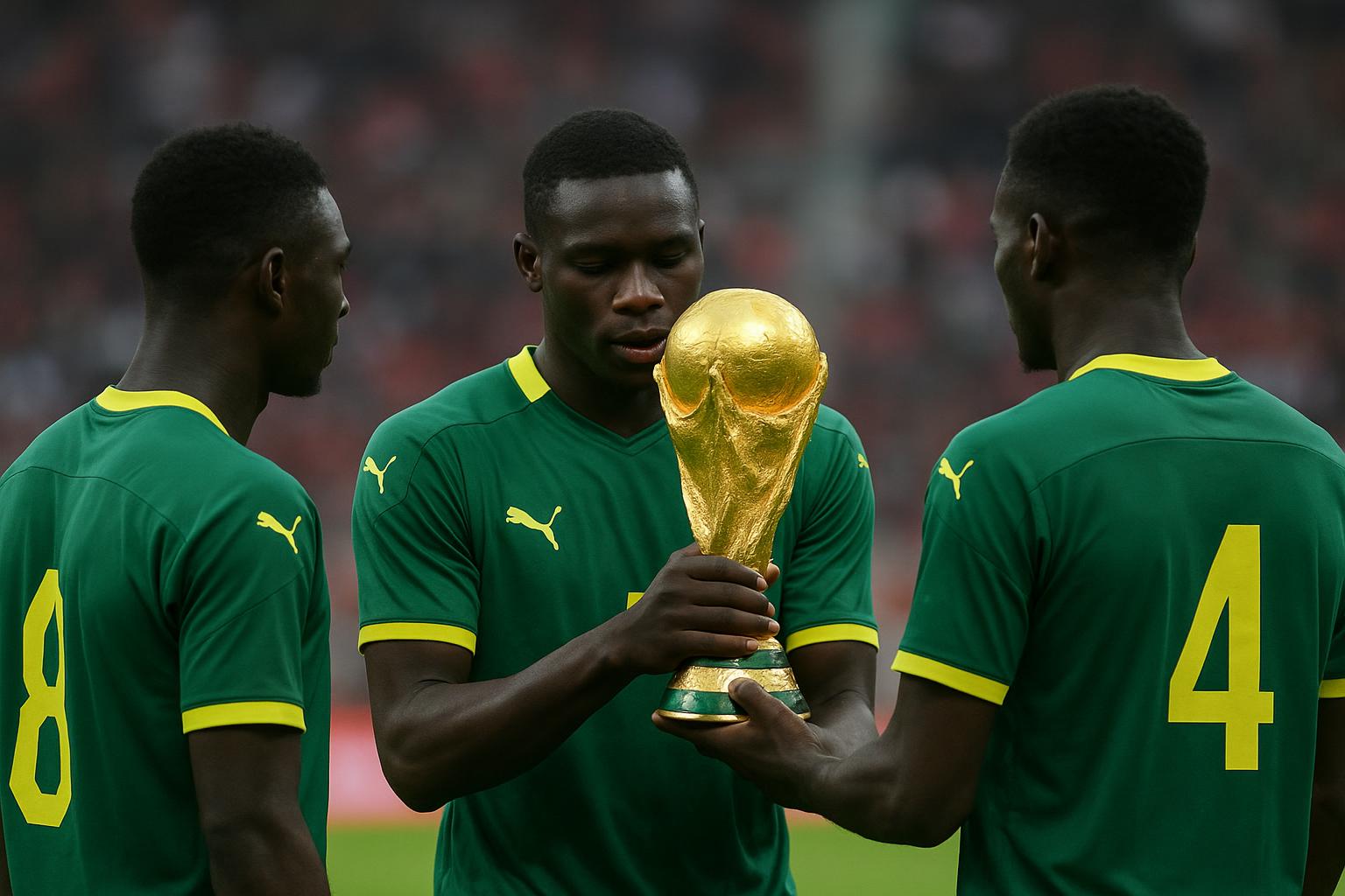De Afrika Cup-trofee wordt getoond door spelers van Senegal in Parijs.