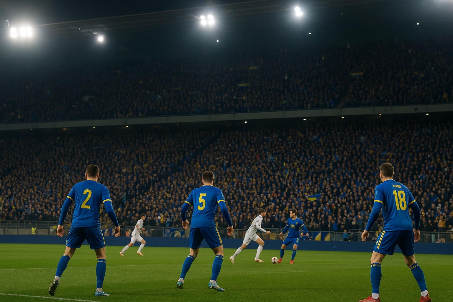 Sfeerbeeld van een avondwedstrijd in een vol stadion in Zenica