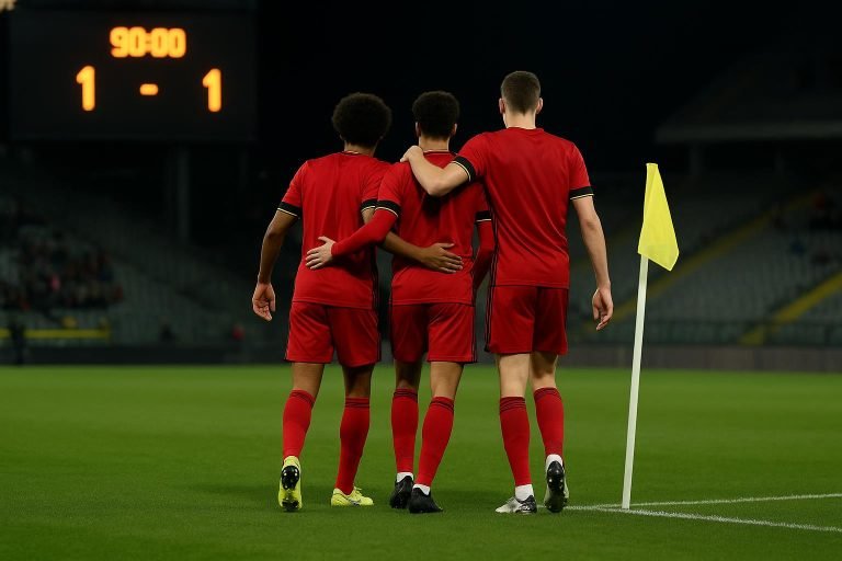 Spelers van België U17 vieren op het veld na de zege tegen Servië.