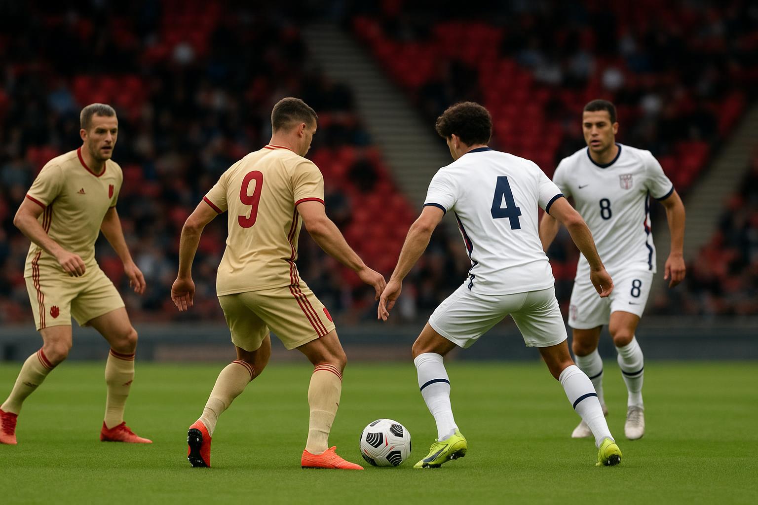 Spelers van de Rode Duivels in actie tegen de Verenigde Staten tijdens een oefenwedstrijd