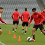 Spelers van de Rode Duivels tijdens een trainingsoefening voor de aanval