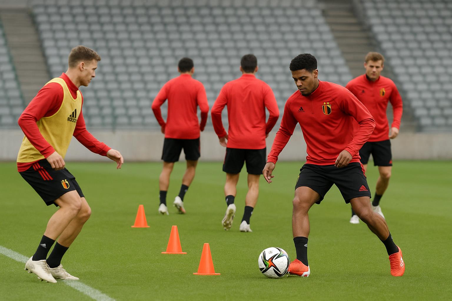 Spelers van de Rode Duivels tijdens een trainingsoefening voor de aanval