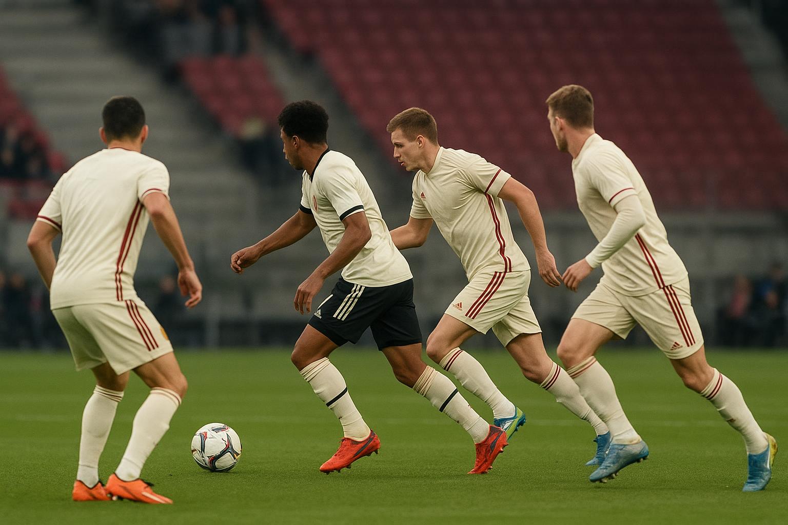 Spelers van België en de Verenigde Staten in gelijkaardige witte tenues tijdens een oefeninterland