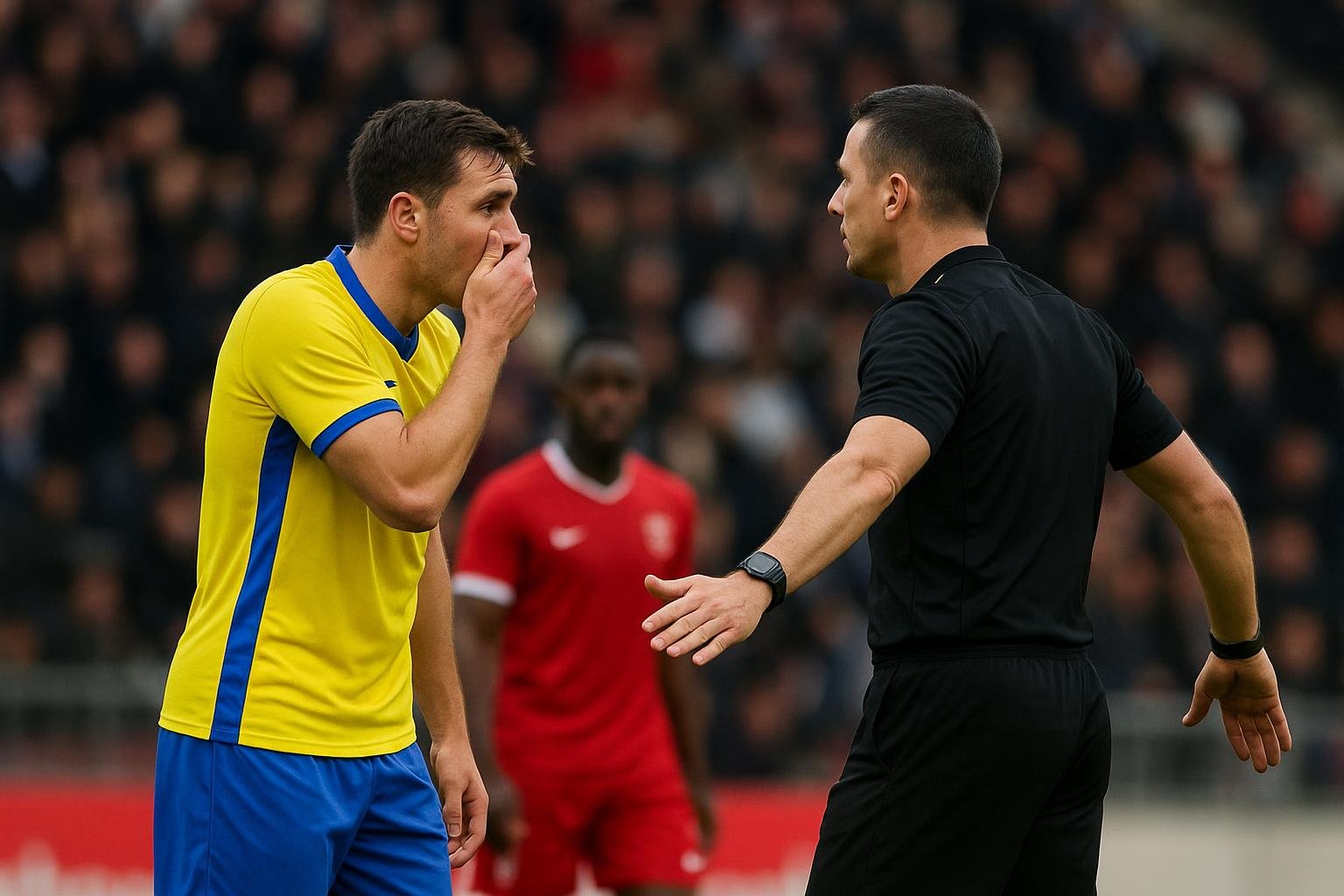 Spelers van Real Madrid en Benfica discussiëren met de scheidsrechter na een incident op het veld.