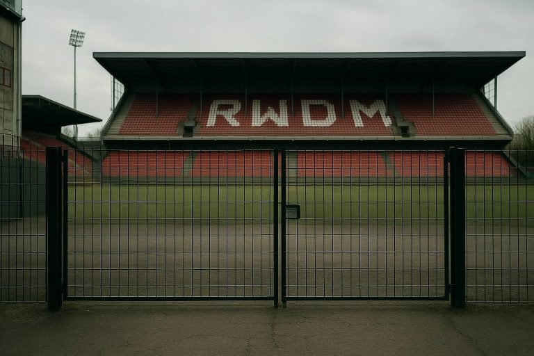 Stadionomgeving van RWDM Brussels in een context van licentie- en financiële onzekerheid