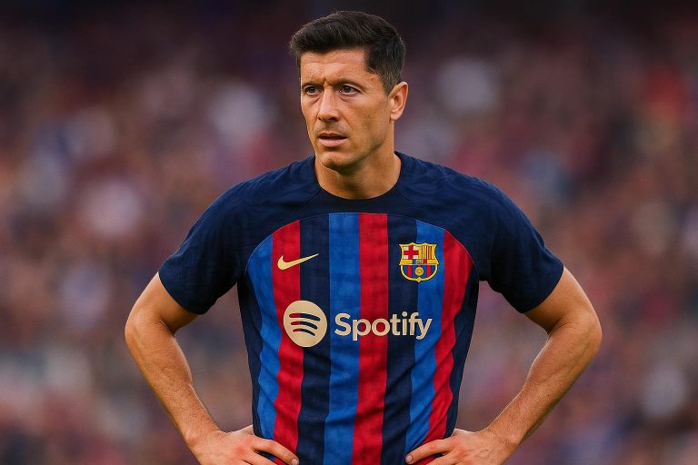 Robert Lewandowski in het shirt van FC Barcelona tijdens een wedstrijd