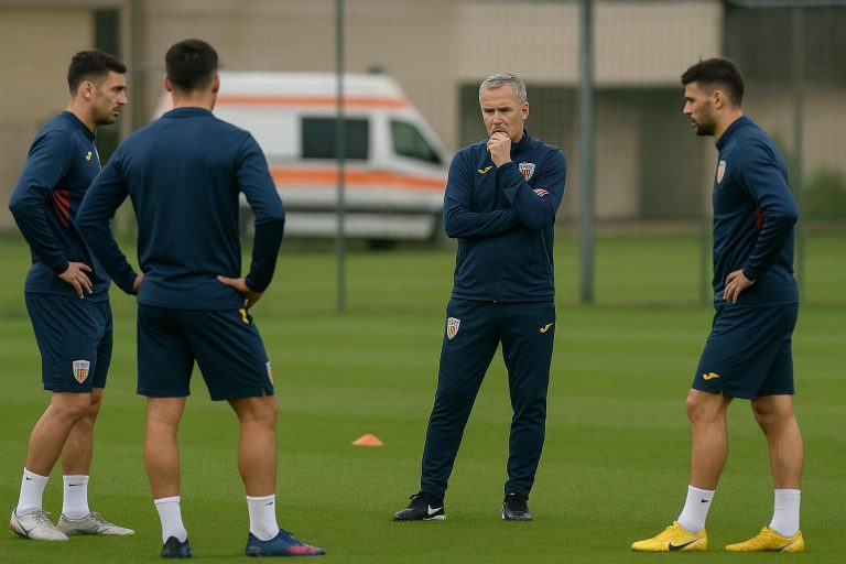 Beeld van de Roemeense nationale ploeg in trainingscontext, met medisch personeel op de achtergrond.