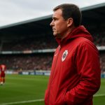 Joseph Oosting, coach van Royal Antwerp FC, langs de zijlijn in het Bosuilstadion