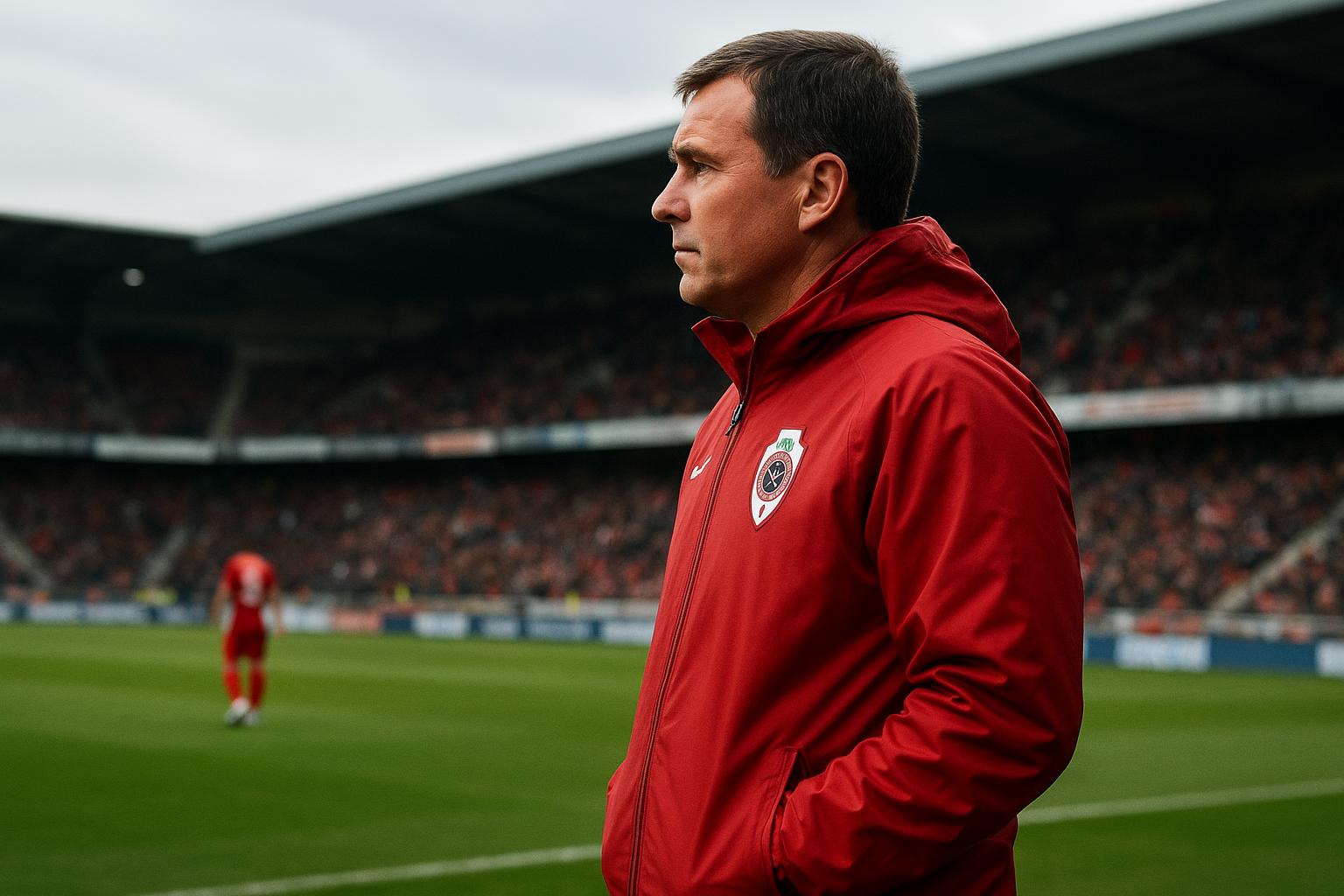 Joseph Oosting, coach van Royal Antwerp FC, langs de zijlijn in het Bosuilstadion